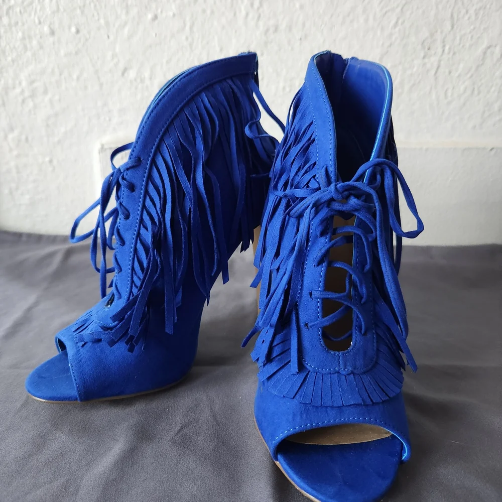 JustFab Royal Blue Fringe Heeled Boots - Picture 1 of 3